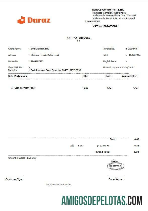 para download NEPAL DARAZ Business Utility Bill Modelo Word e PDF